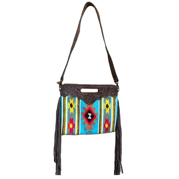 AMERICAN DARLING WESTERN COWGIRL BOHO SADDLE BLANKET TOOLED LEATHER BAG - Picture 2 of 5